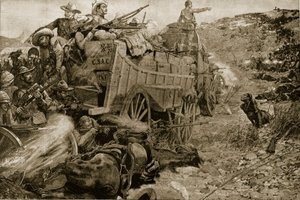 Matabele-kriget 1893: Attack på vagnslageret vid Imbembezi-floden den 1 november, från "The Illustrated London News", 1901